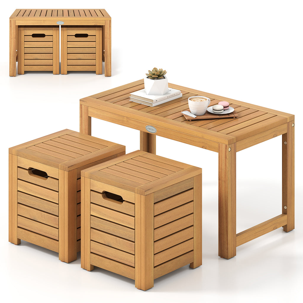 Acacia Wood Outdoor Coffee Table with 2 Stools Set