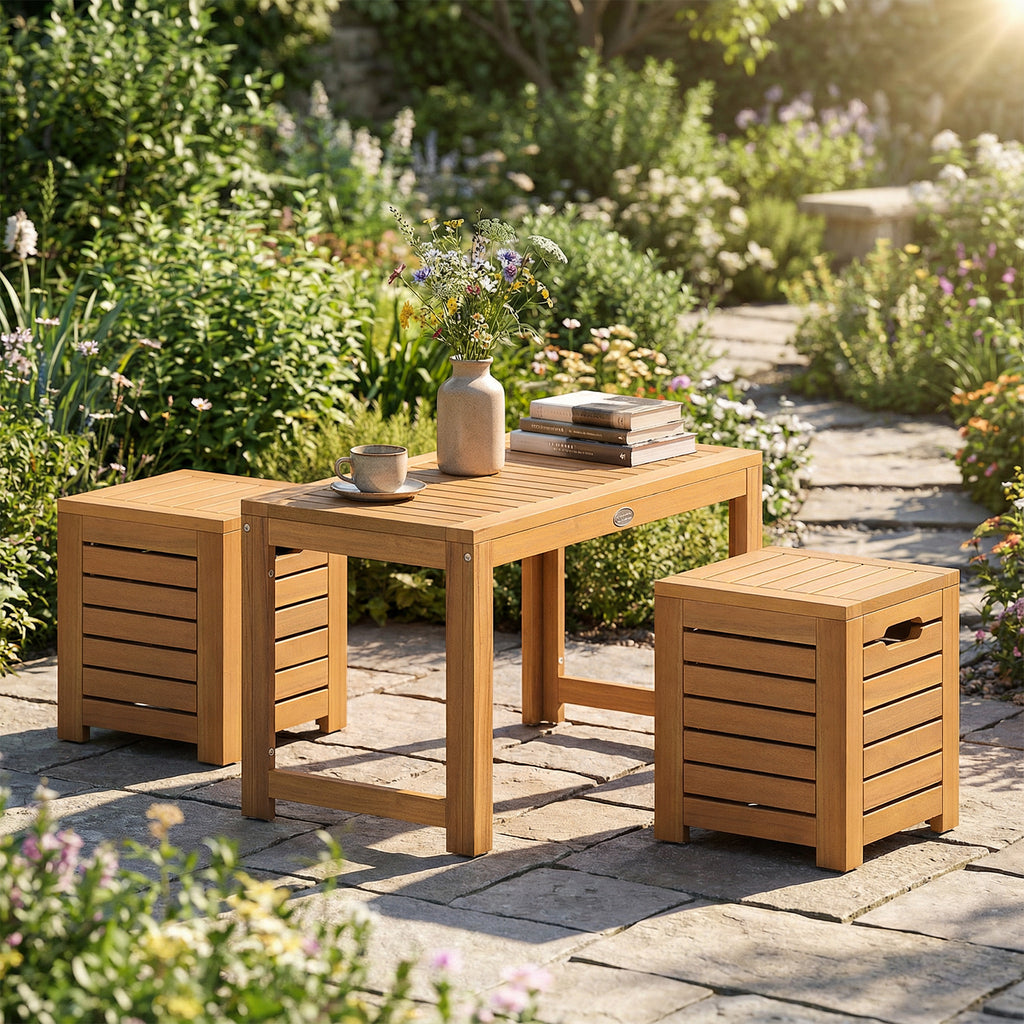 Acacia Wood Outdoor Coffee Table with 2 Stools Set