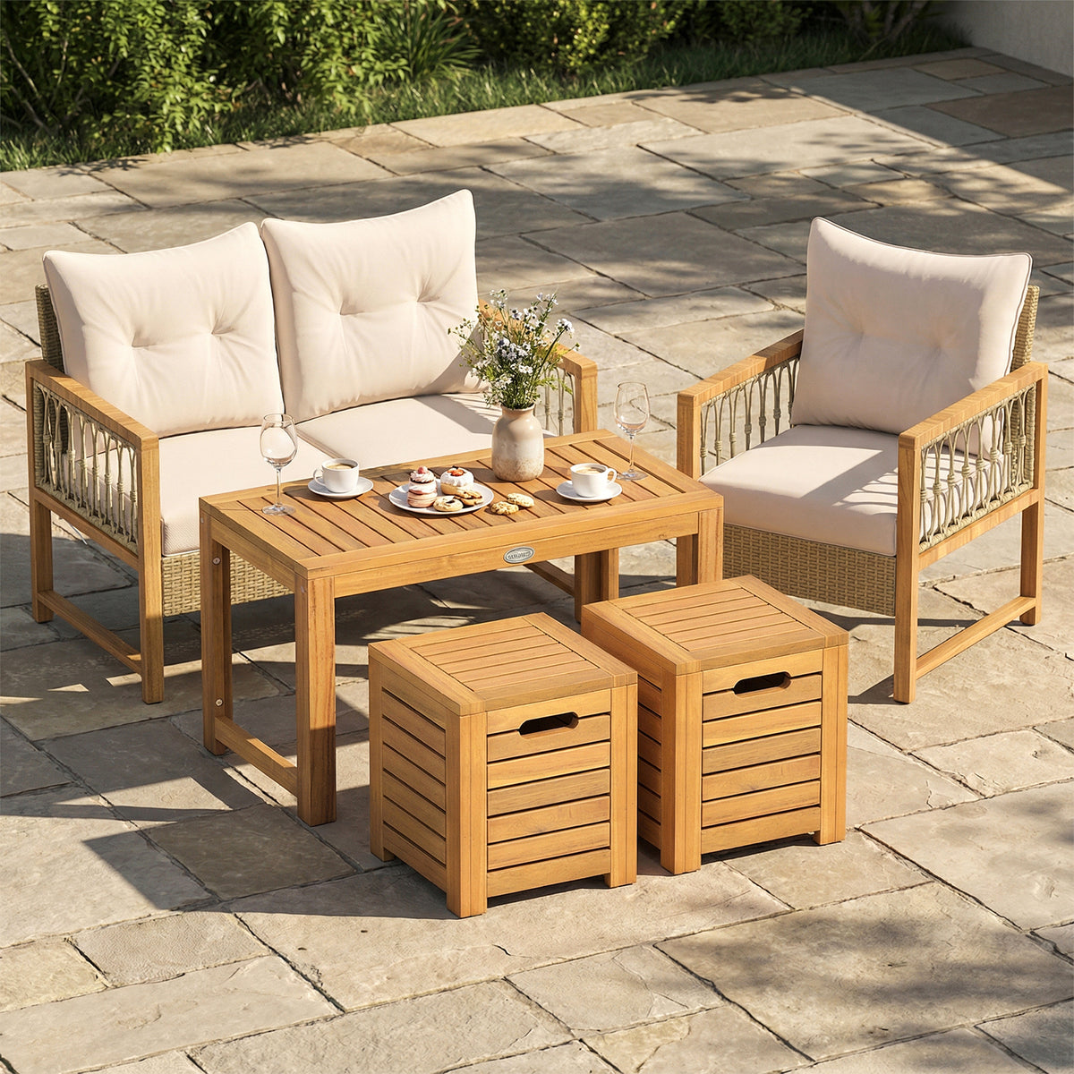 Acacia Wood Outdoor Coffee Table with 2 Stools Set