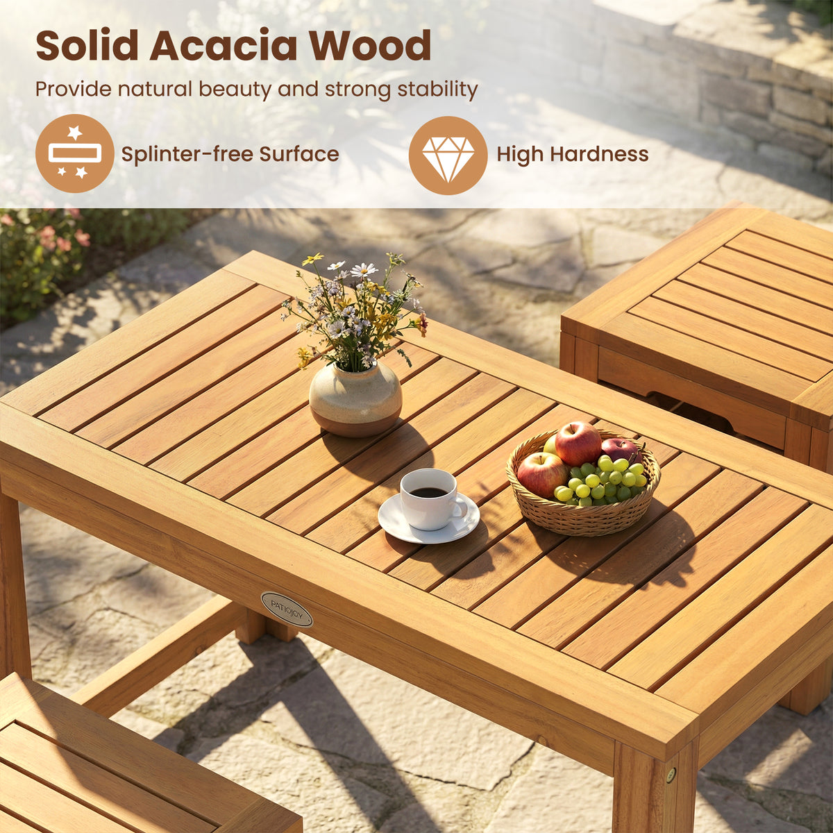 Acacia Wood Outdoor Coffee Table with 2 Stools Set