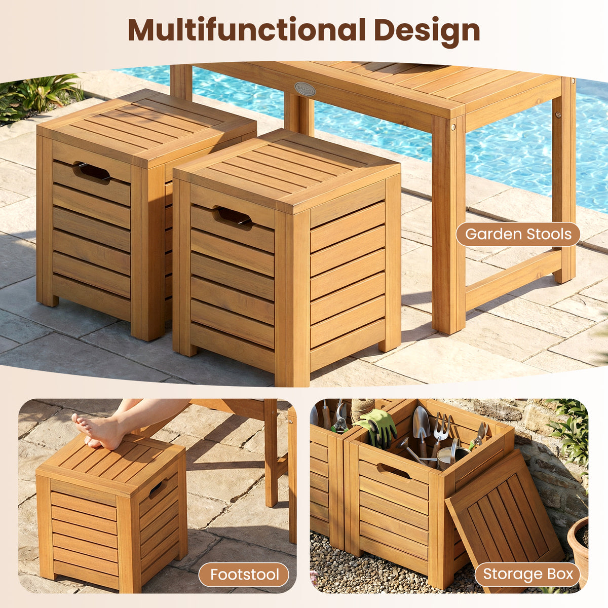 Acacia Wood Outdoor Coffee Table with 2 Stools Set