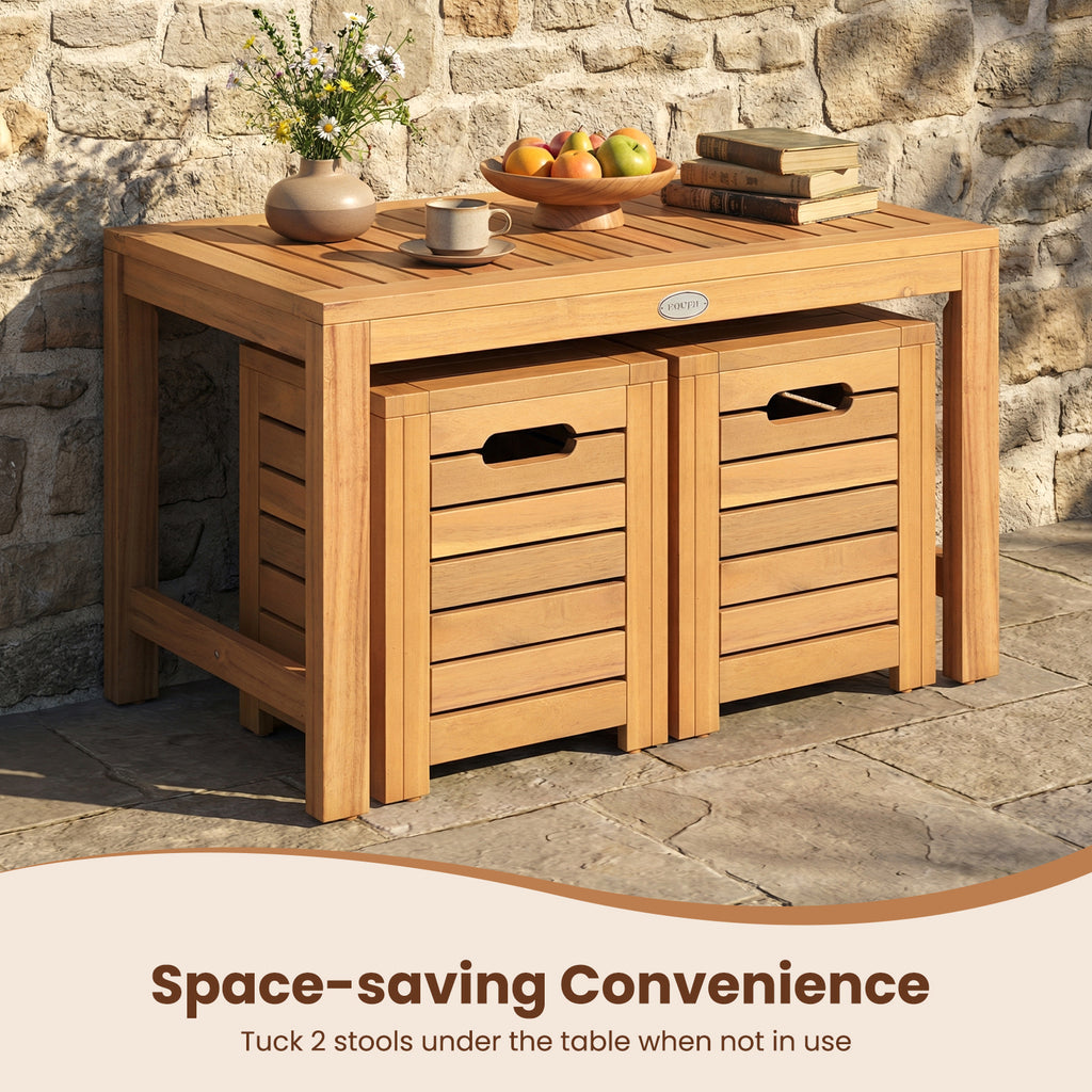 Acacia Wood Outdoor Coffee Table with 2 Stools Set