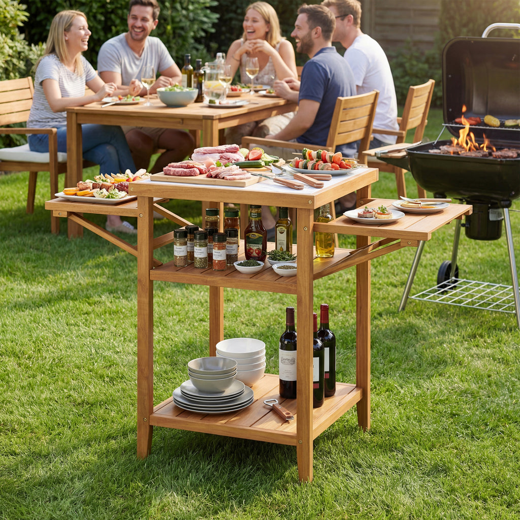 Acacia Wood Outdoor Grill Table with Faux Marble Top and Drop-Leaf