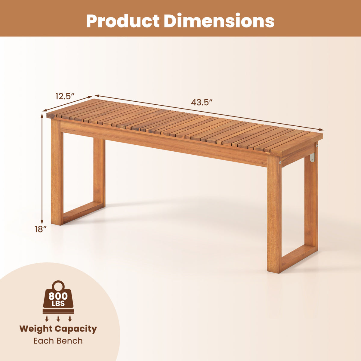 Acacia Wood Outdoor Garden Bench 43.5 Inch, Set of 1