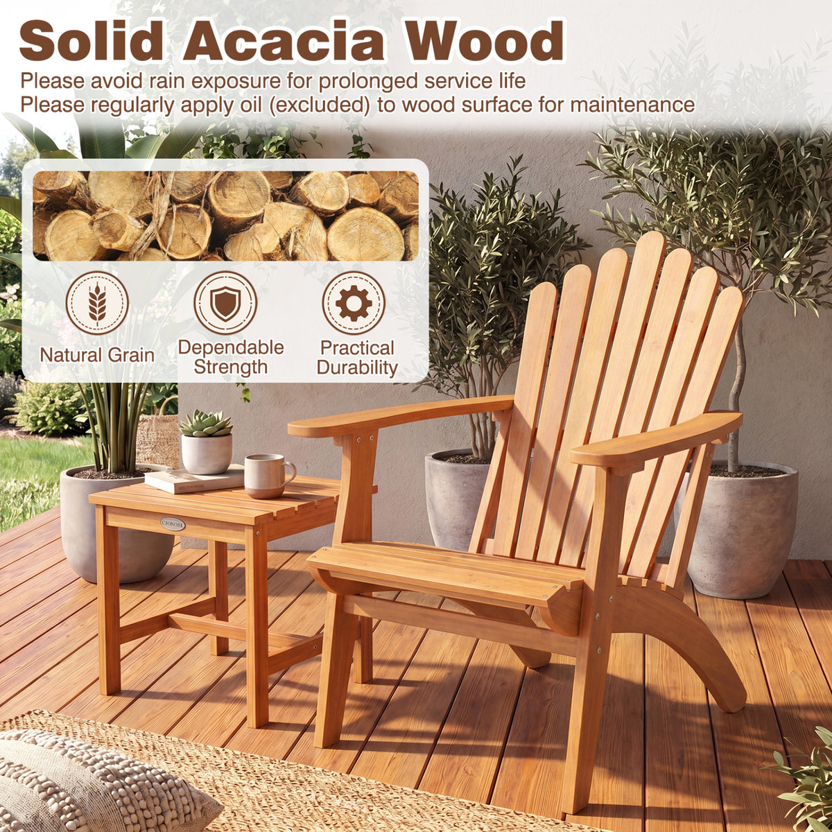 Acacia Wood Outdoor Patio Chair with 400 lbs Weight Capacity