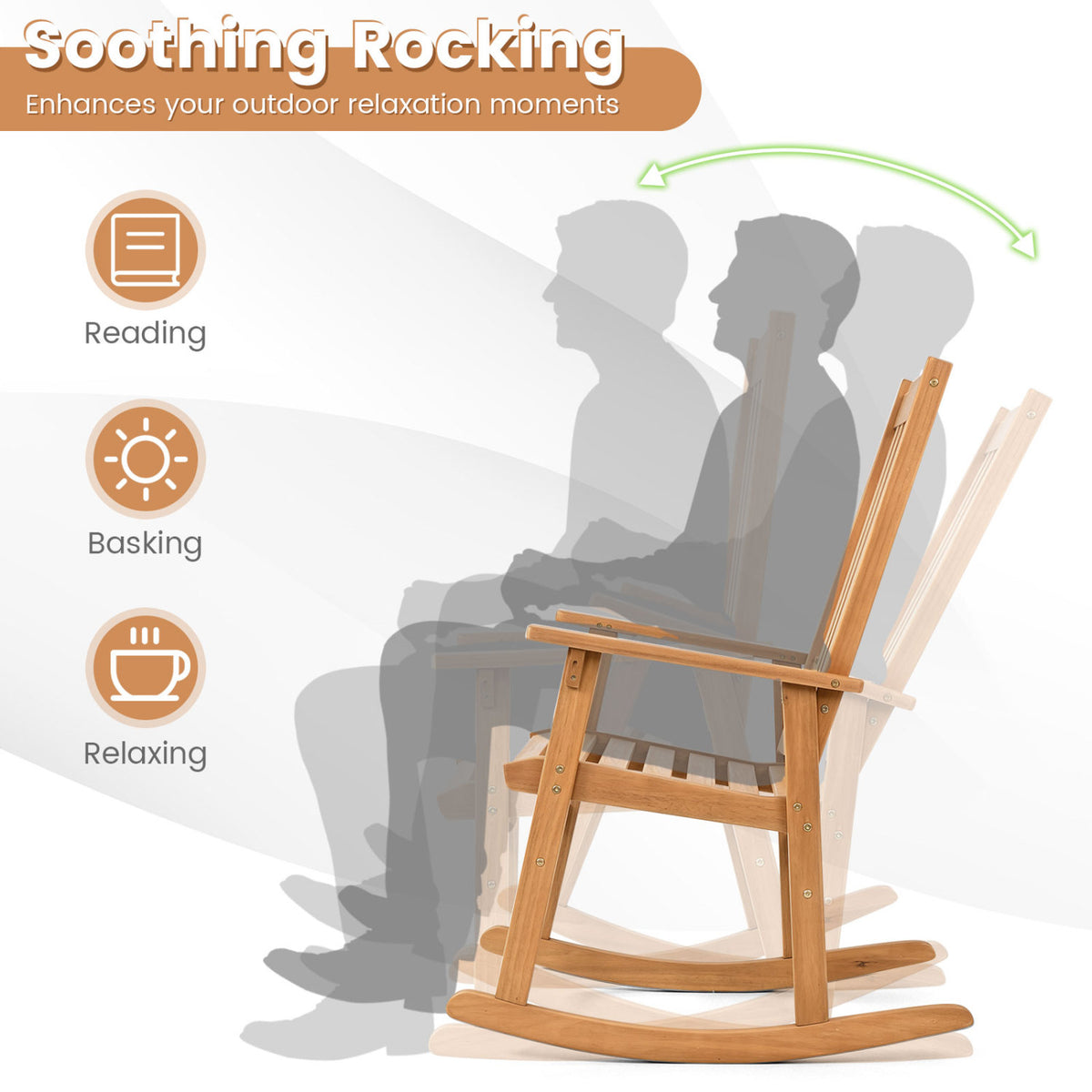 Acacia Wood Oversized Rocking Chair with High Back and Armrests for