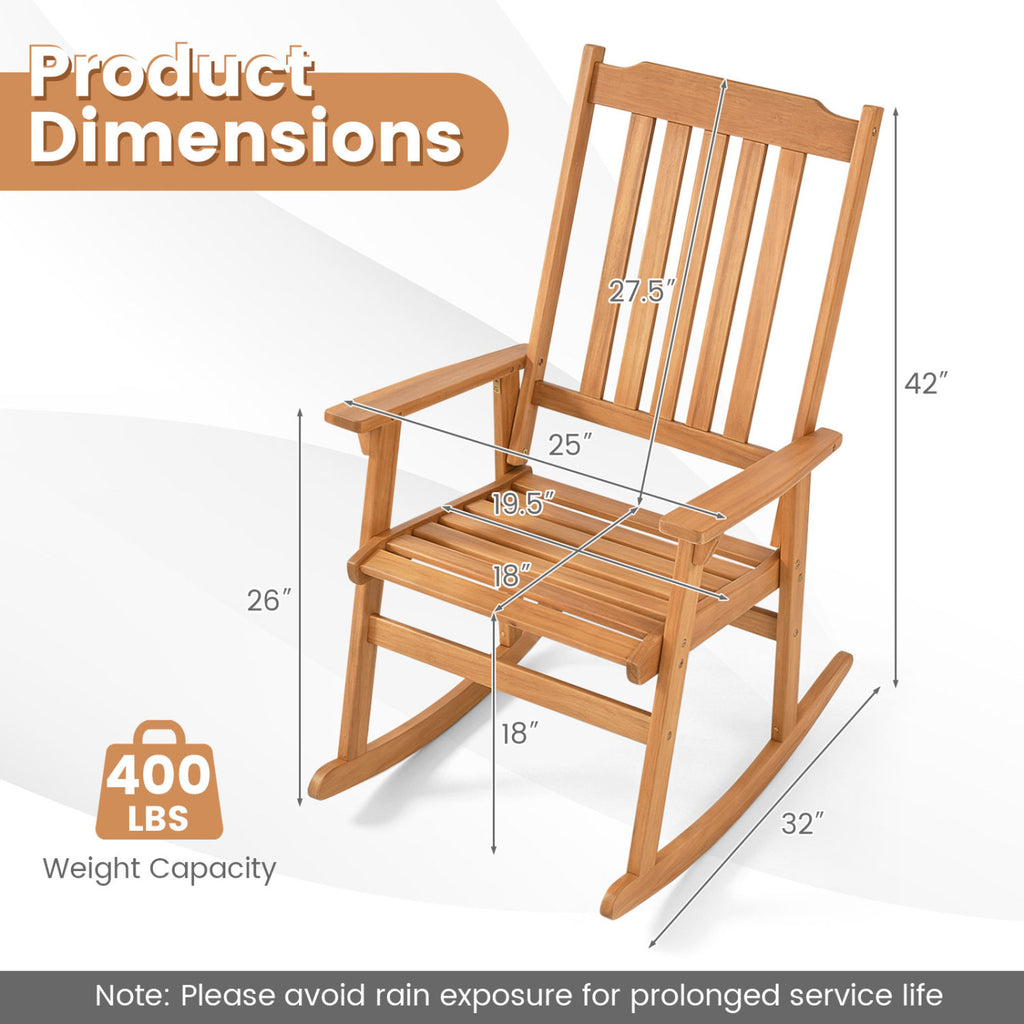 Acacia Wood Oversized Rocking Chair with High Back and Armrests for