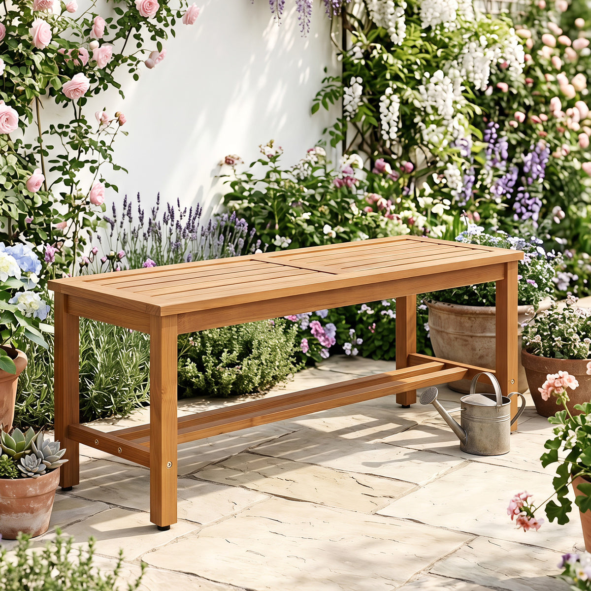 Outdoor Acacia Wood Patio Bench for 2 with Slatted Seat