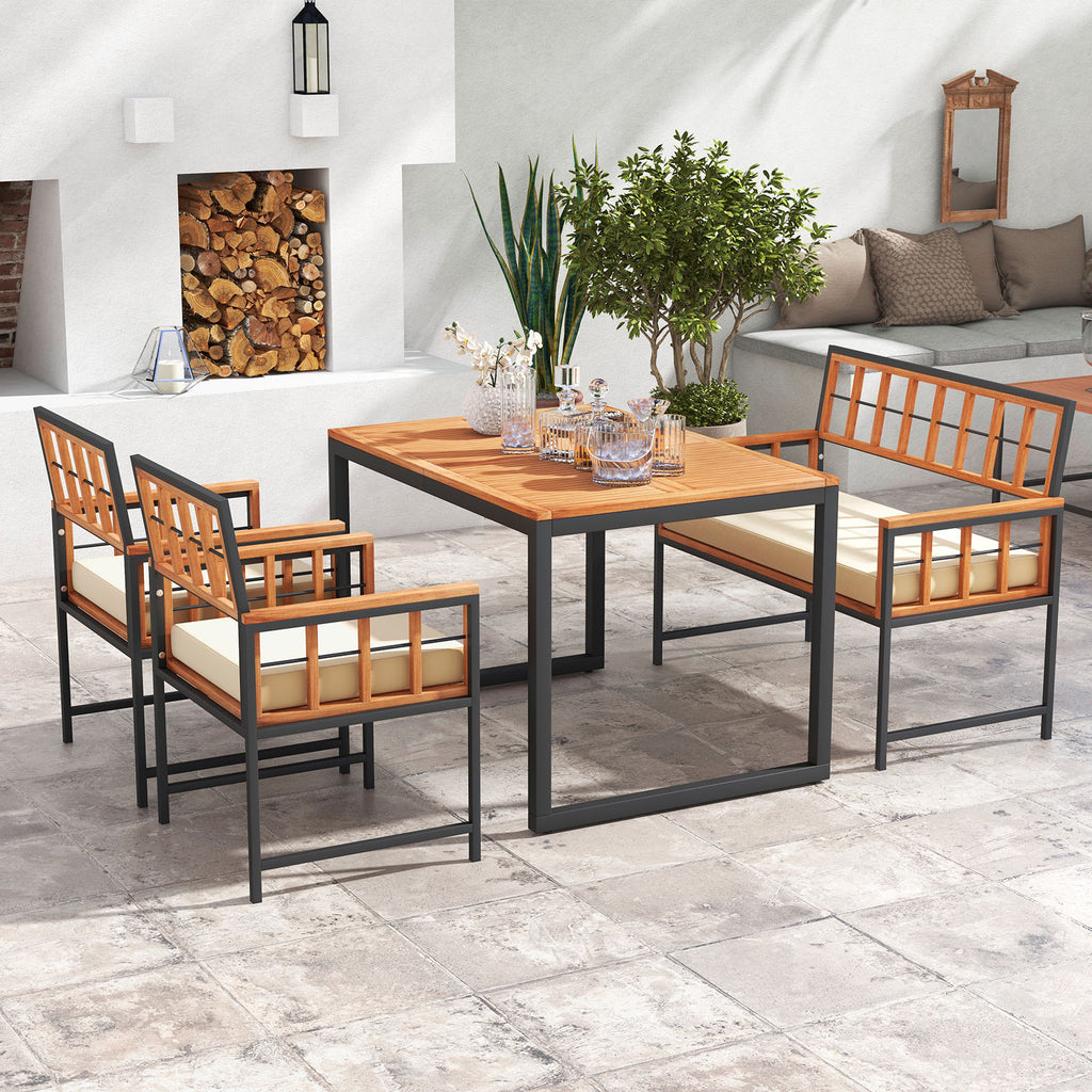 4 Pieces Acacia Wood Patio Dining Set with 1 Rectangular Table and