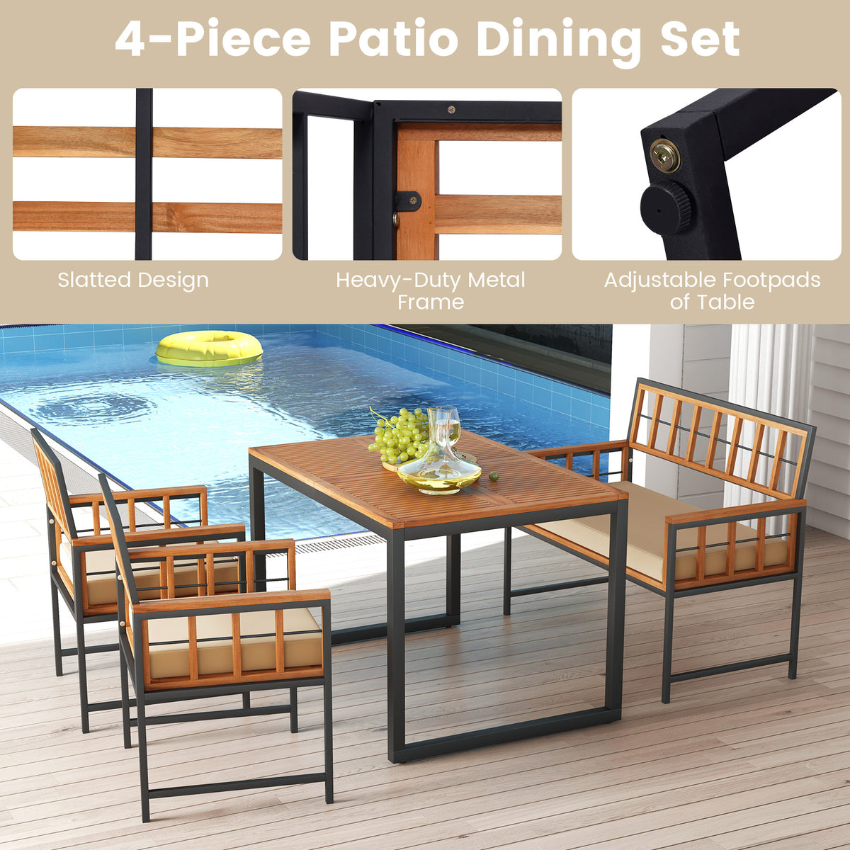 4 Pieces Acacia Wood Patio Dining Set with 1 Rectangular Table and