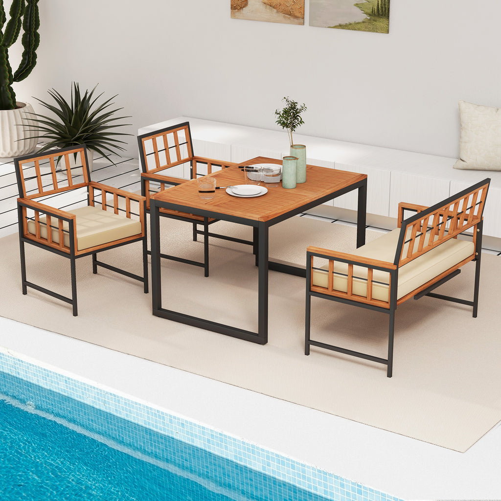 4 Pieces Acacia Wood Patio Dining Set with 1 Rectangular Table and