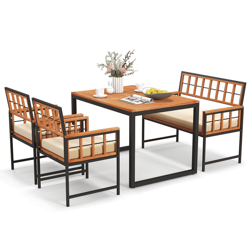 4 Pieces Acacia Wood Patio Dining Set with 1 Rectangular Table and