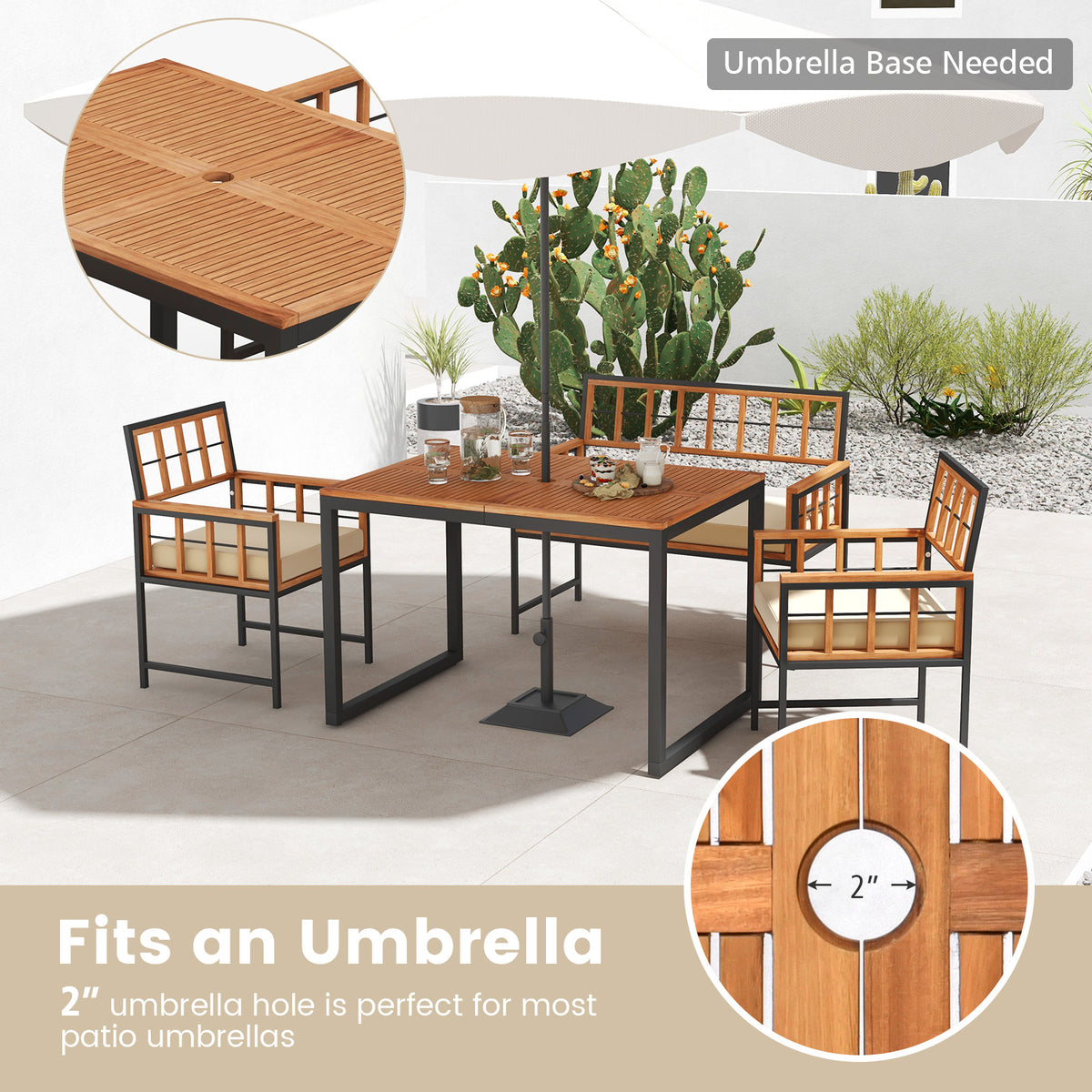 4 Pieces Acacia Wood Patio Dining Set with 1 Rectangular Table and