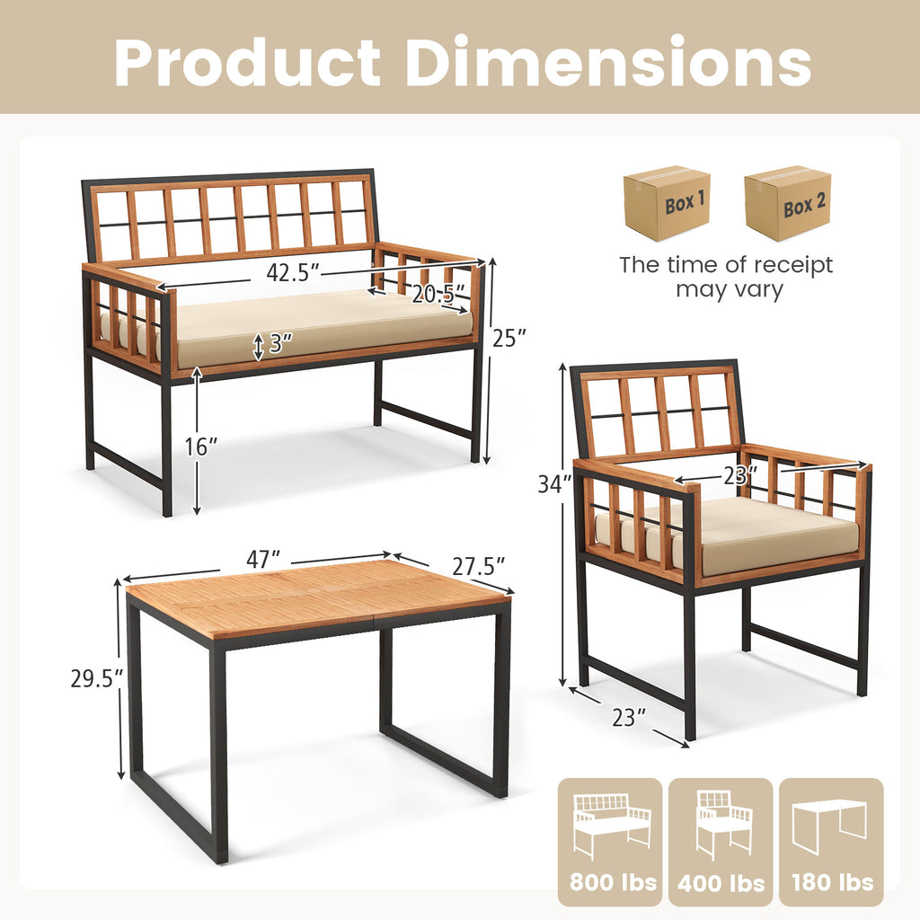 4 Pieces Acacia Wood Patio Dining Set with 1 Rectangular Table and