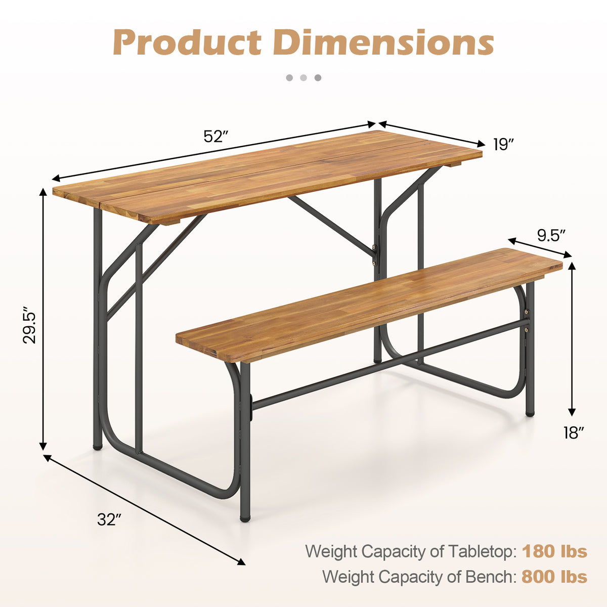 Acacia Wood Picnic Table Bench for 2 People