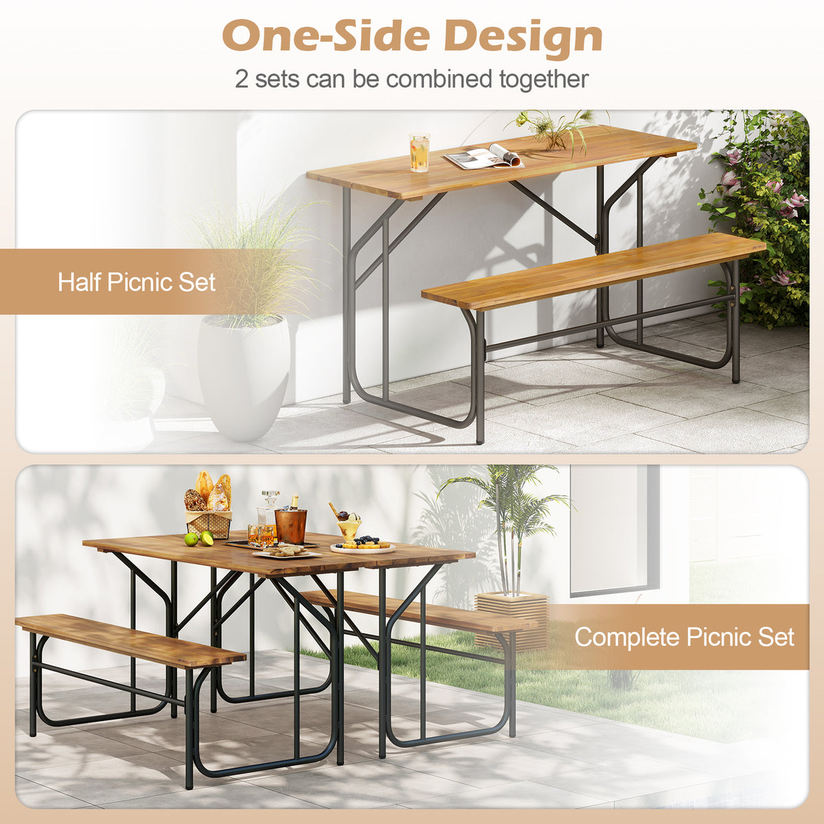 Acacia Wood Picnic Table Bench for 2 People