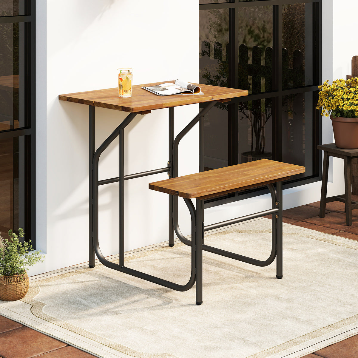 Acacia Wood Patio Table Bench Set - 1 Person
