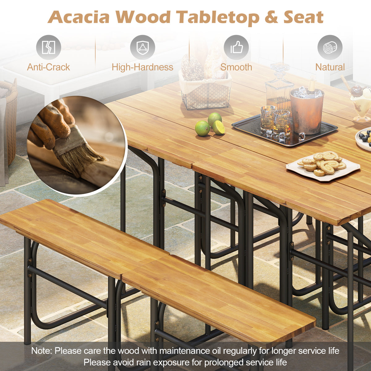 Acacia Wood Patio Table Bench Set - 1 Person