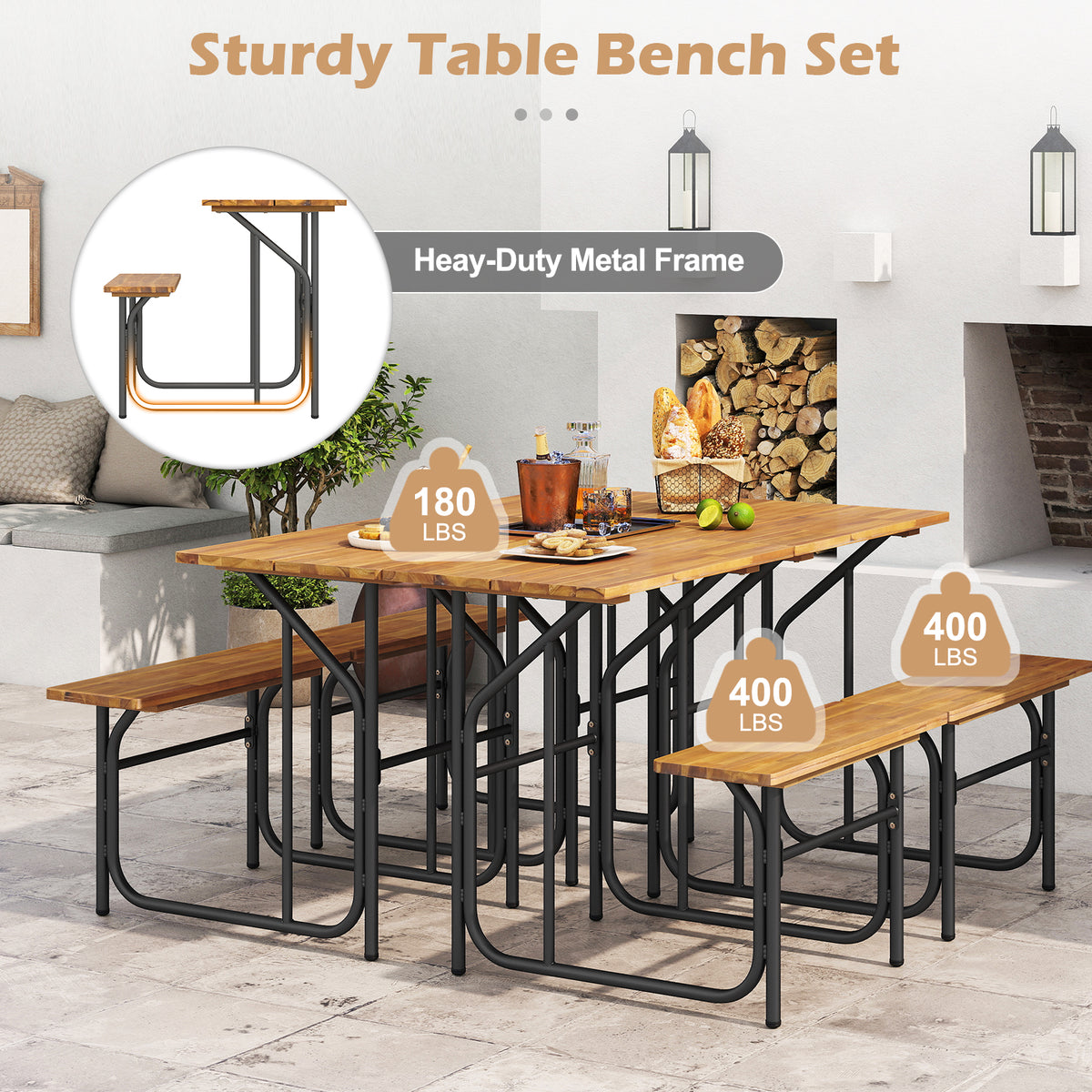 Acacia Wood Patio Table Bench Set - 1 Person