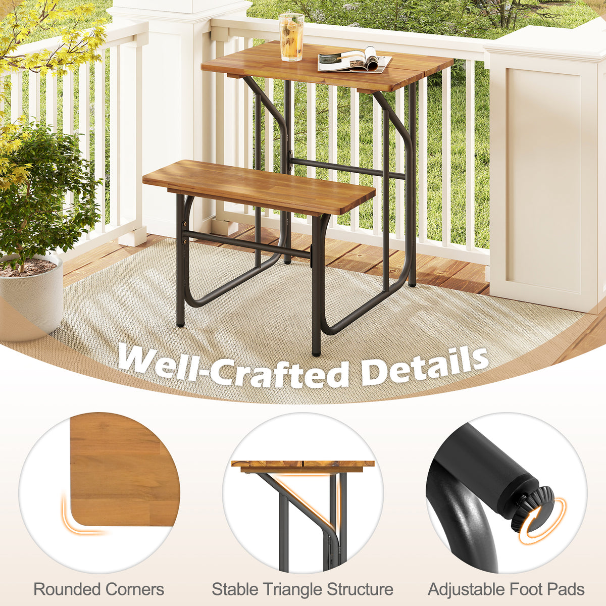 Acacia Wood Patio Table Bench Set - 1 Person