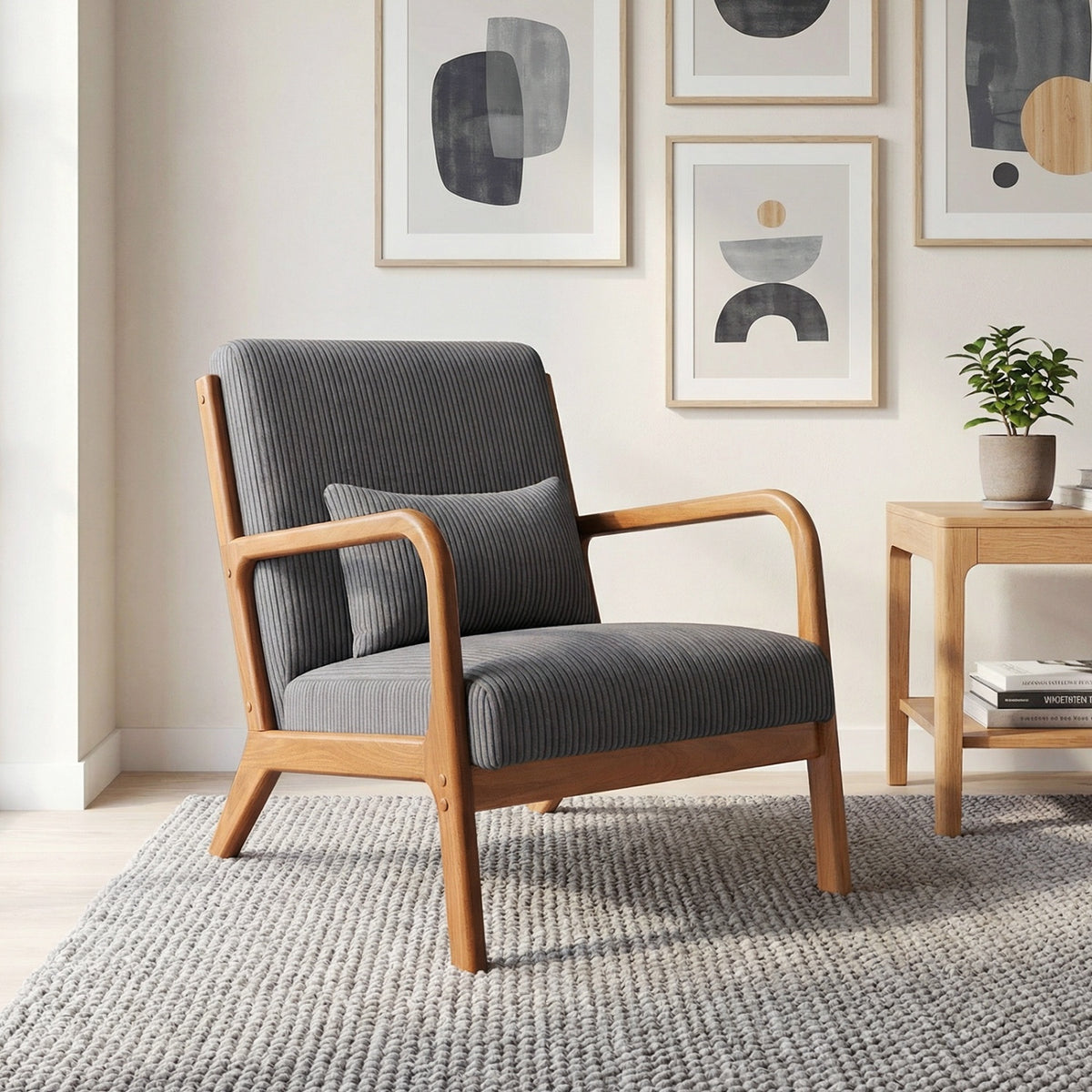 Corduroy Accent Chair with Lumbar Pillow - Gray