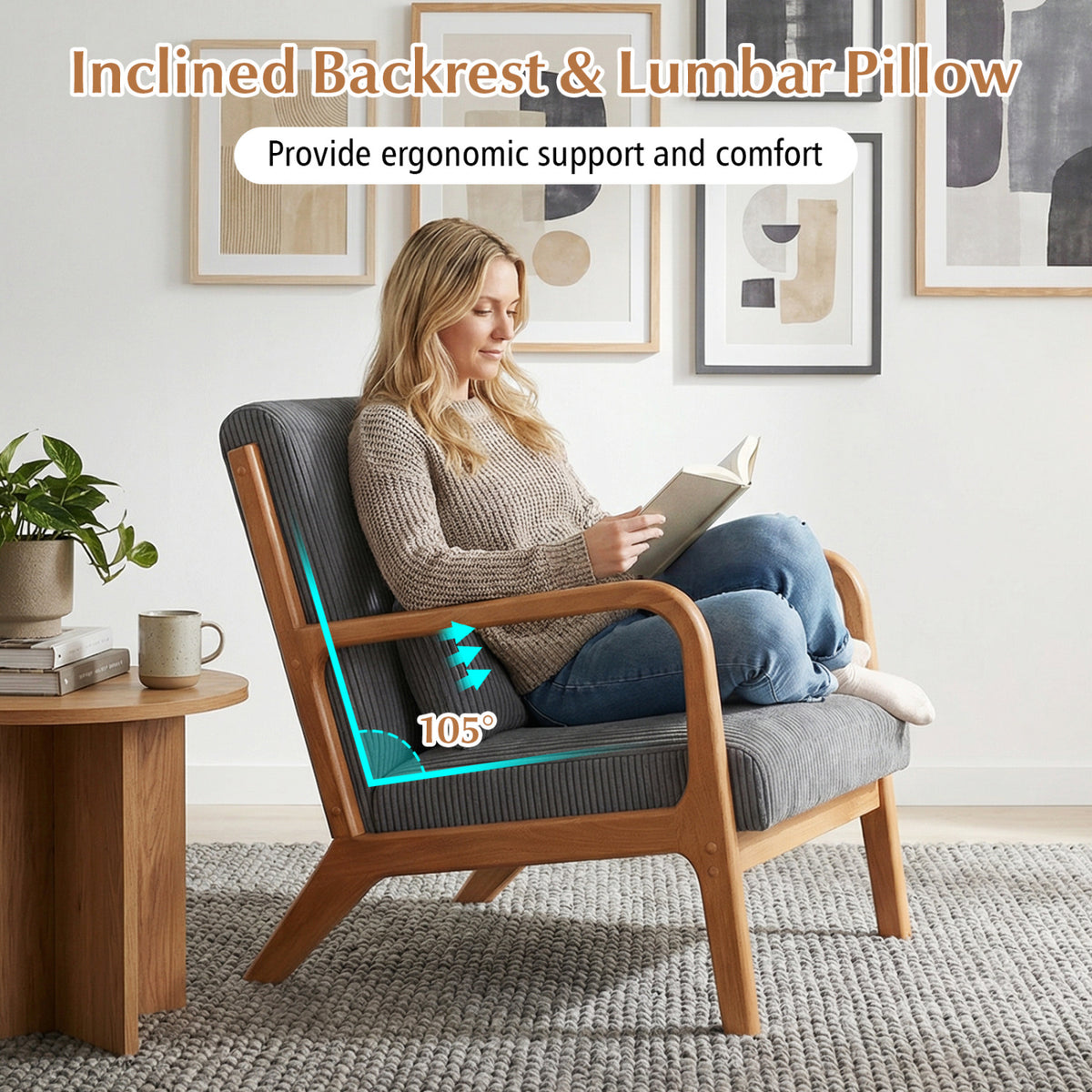 Corduroy Accent Chair with Lumbar Pillow - Gray