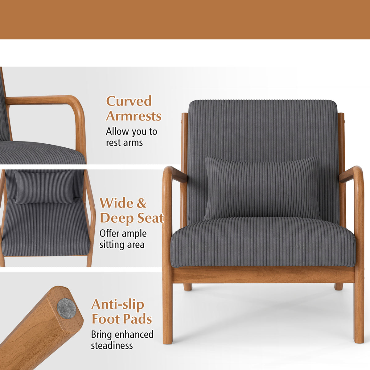 Corduroy Accent Chair with Lumbar Pillow - Gray
