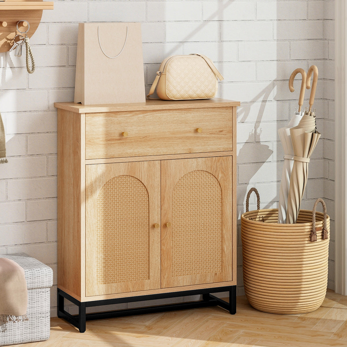 Accent Floor Storage Cabinet with Rattan Doors and Drawer