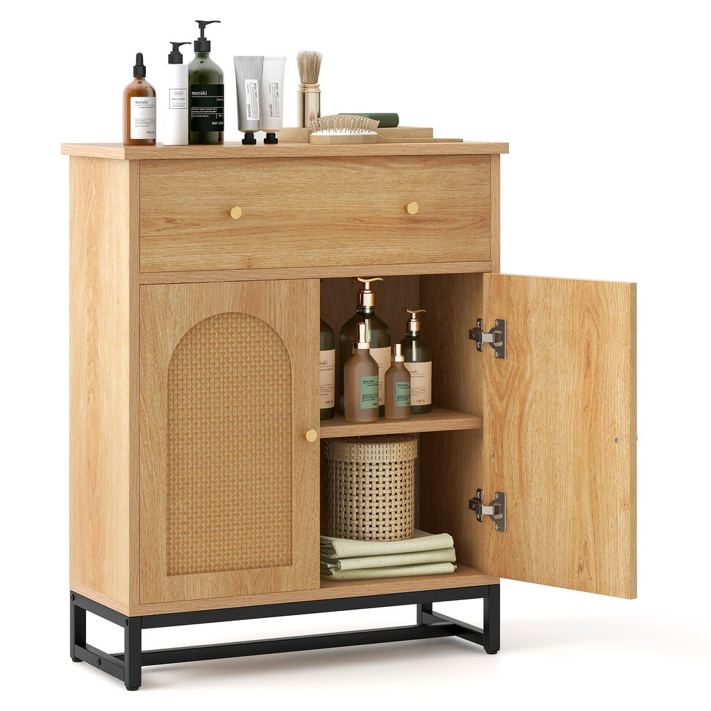 Accent Floor Storage Cabinet with Rattan Doors and Drawer