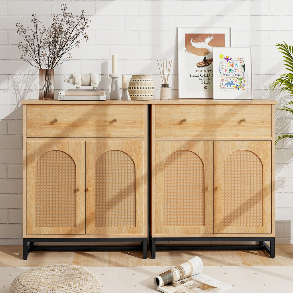 Accent Floor Storage Cabinet with Rattan Doors and Drawer