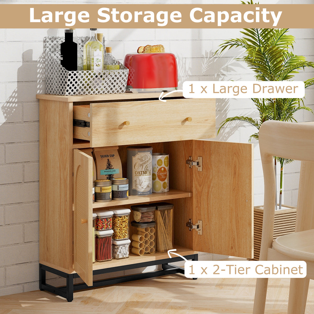 Accent Floor Storage Cabinet with Rattan Doors and Drawer