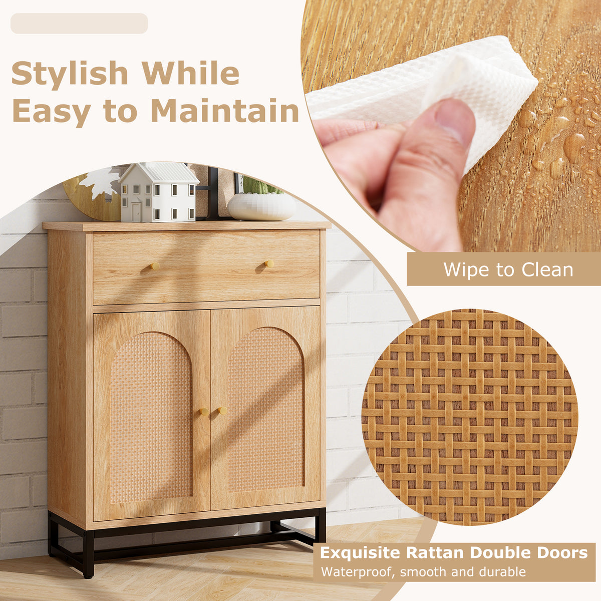 Accent Floor Storage Cabinet with Rattan Doors and Drawer