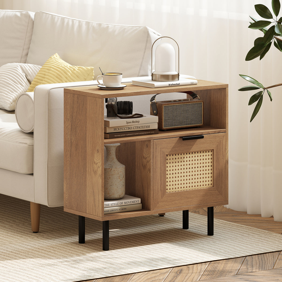 Accent End Table with Storage Shelf & Cabinet, Natural