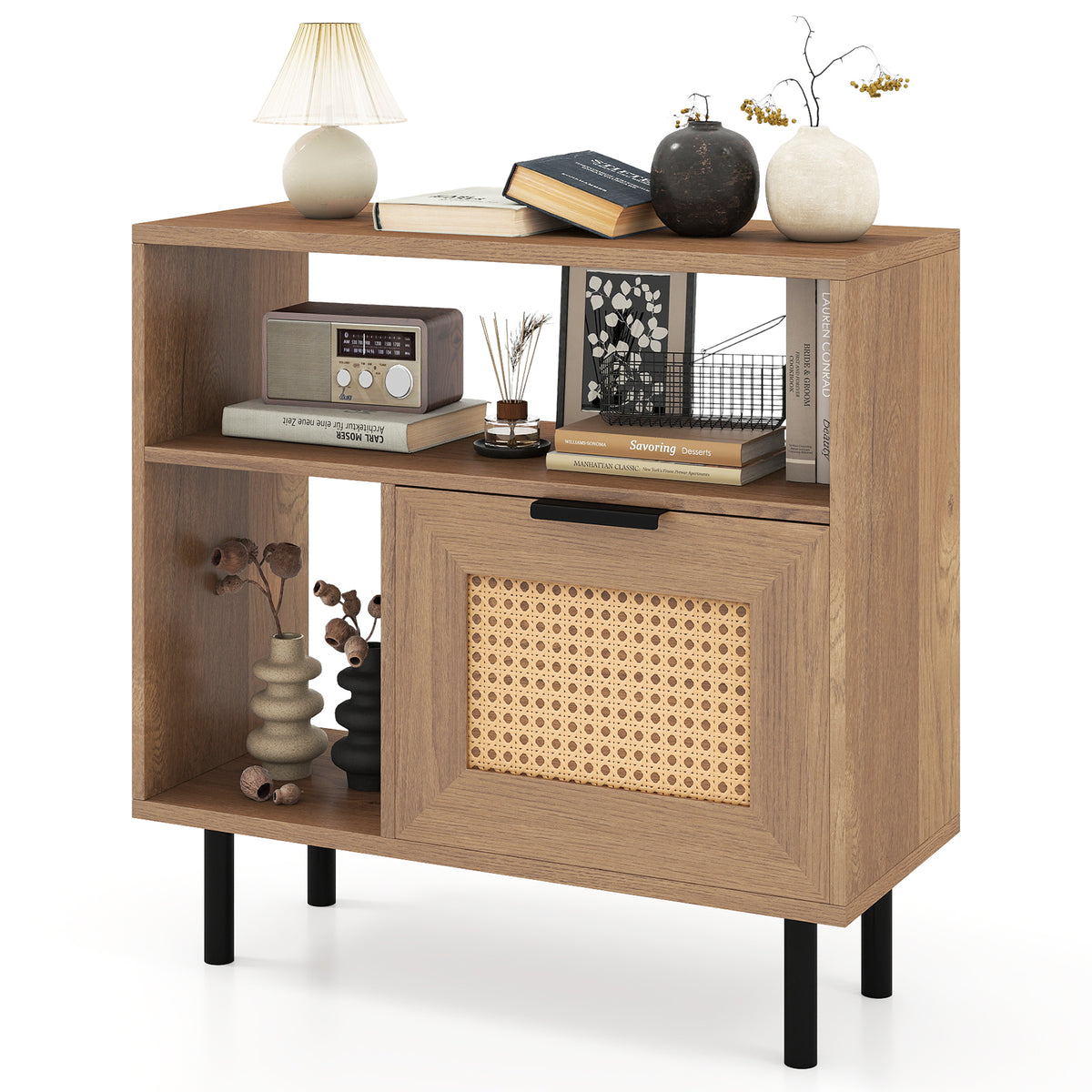 Accent End Table with Storage Shelf & Cabinet, Natural