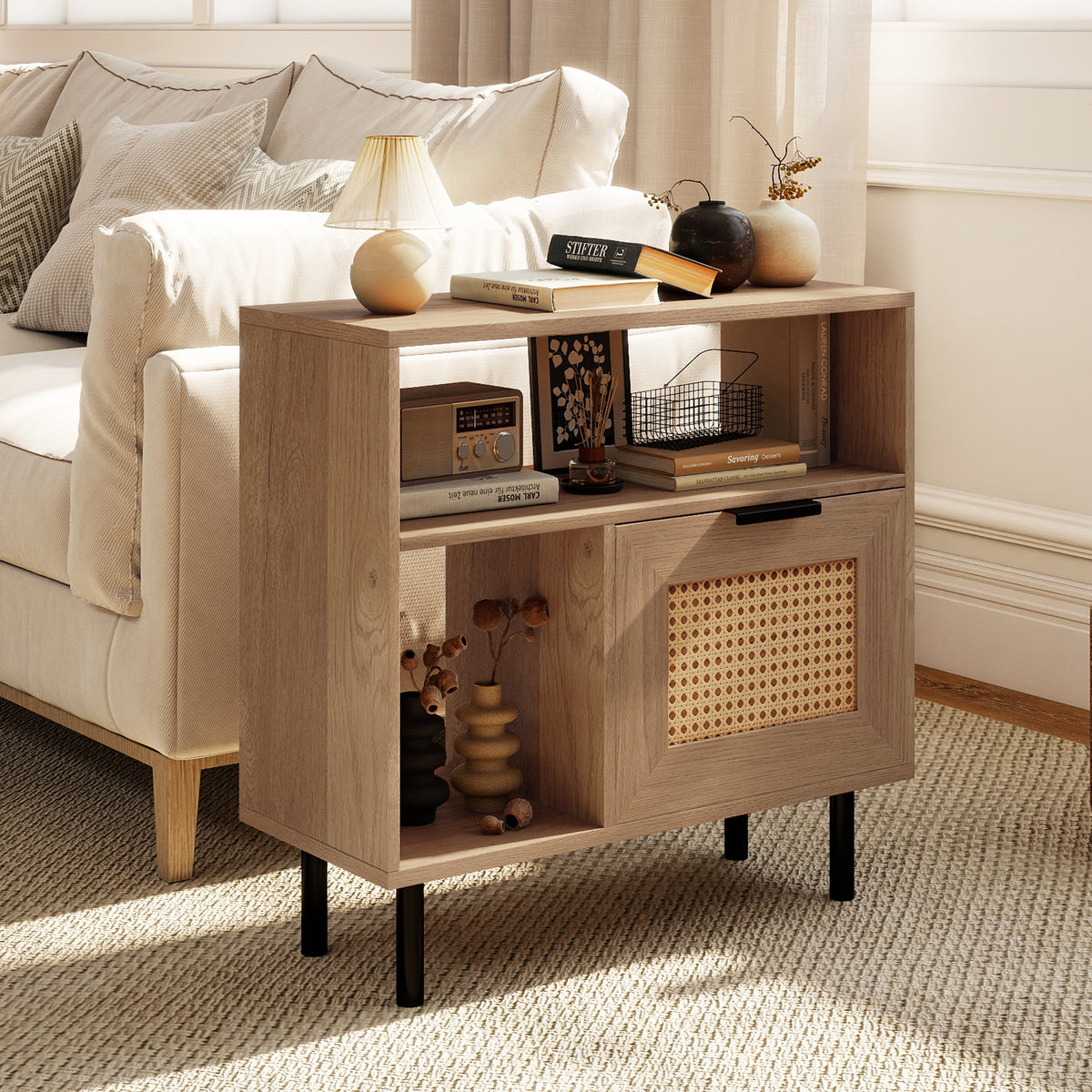 Accent End Table with Storage Shelf & Cabinet, Natural