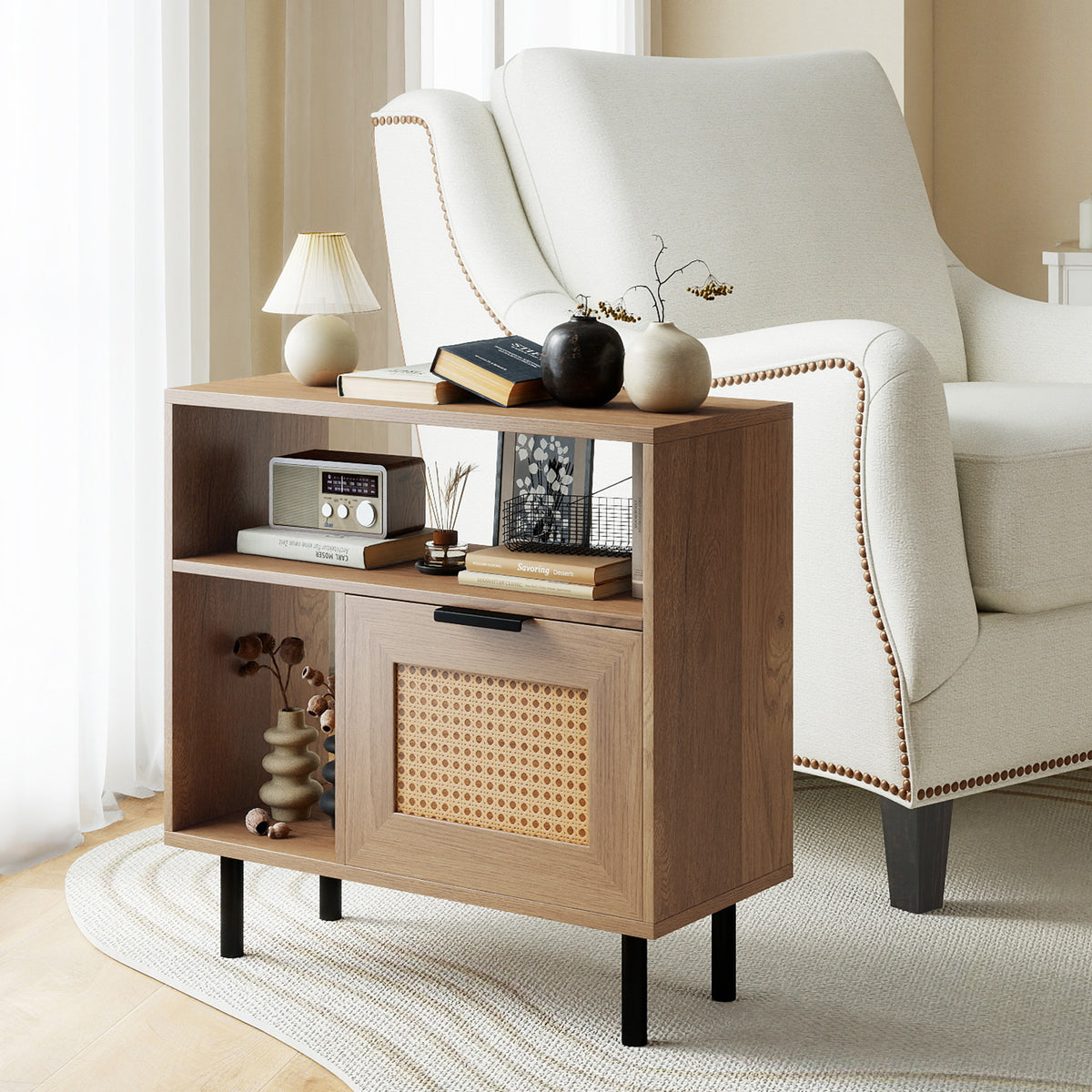 Accent End Table with Storage Shelf & Cabinet, Natural