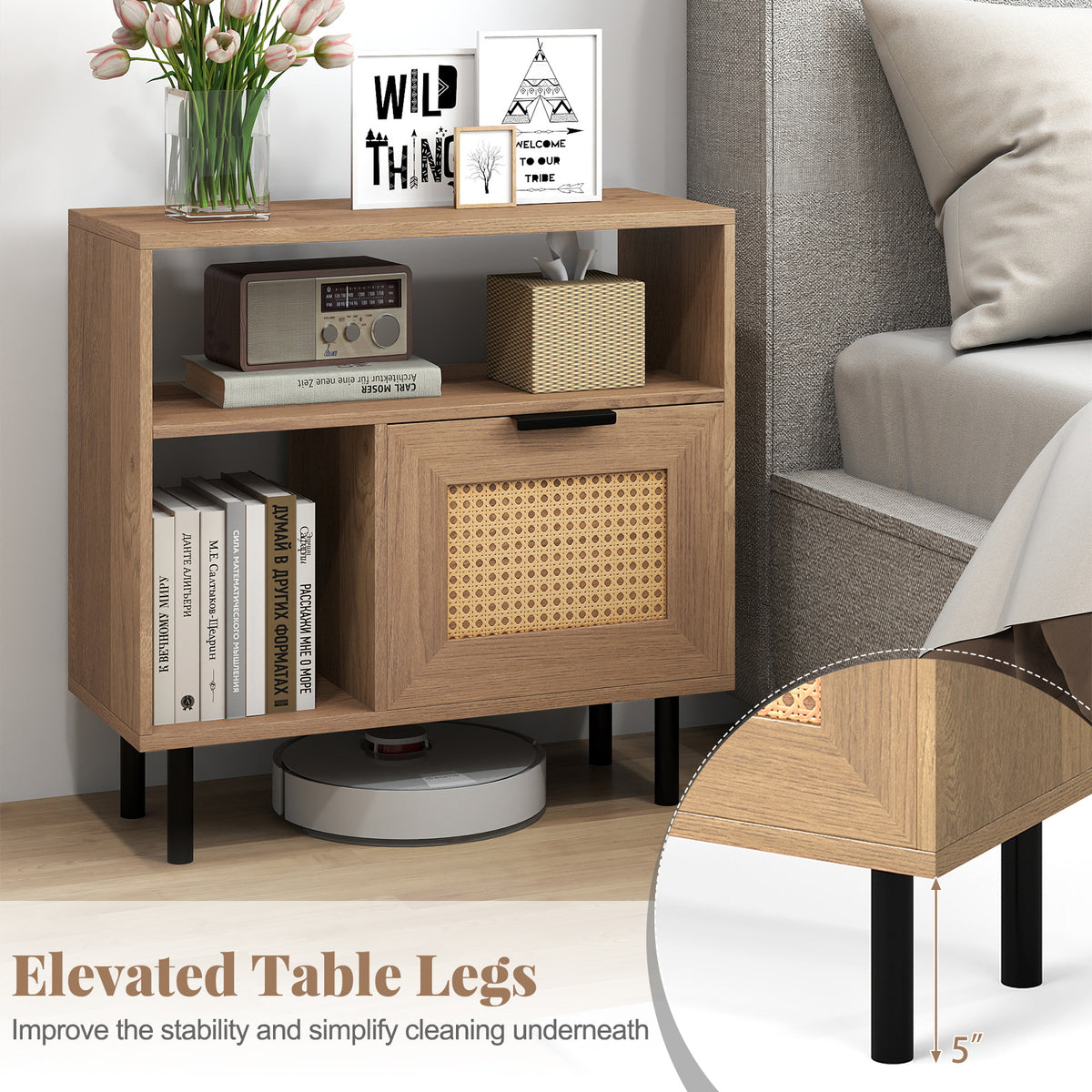 Accent End Table with Storage Shelf & Cabinet, Natural
