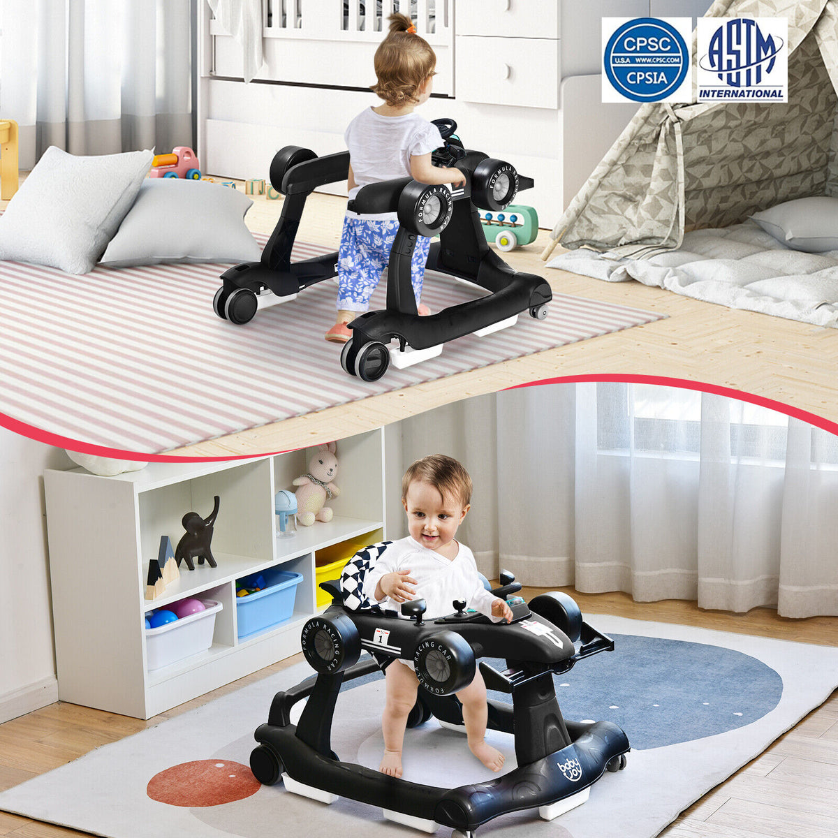 4-in-1 Baby Push Walker with Adjustable Height & Music - Black