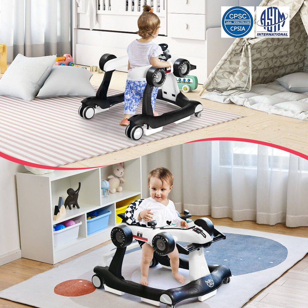 4-in-1 Baby Push Walker with Adjustable Height - White, Foldable Toddler Activity Walker