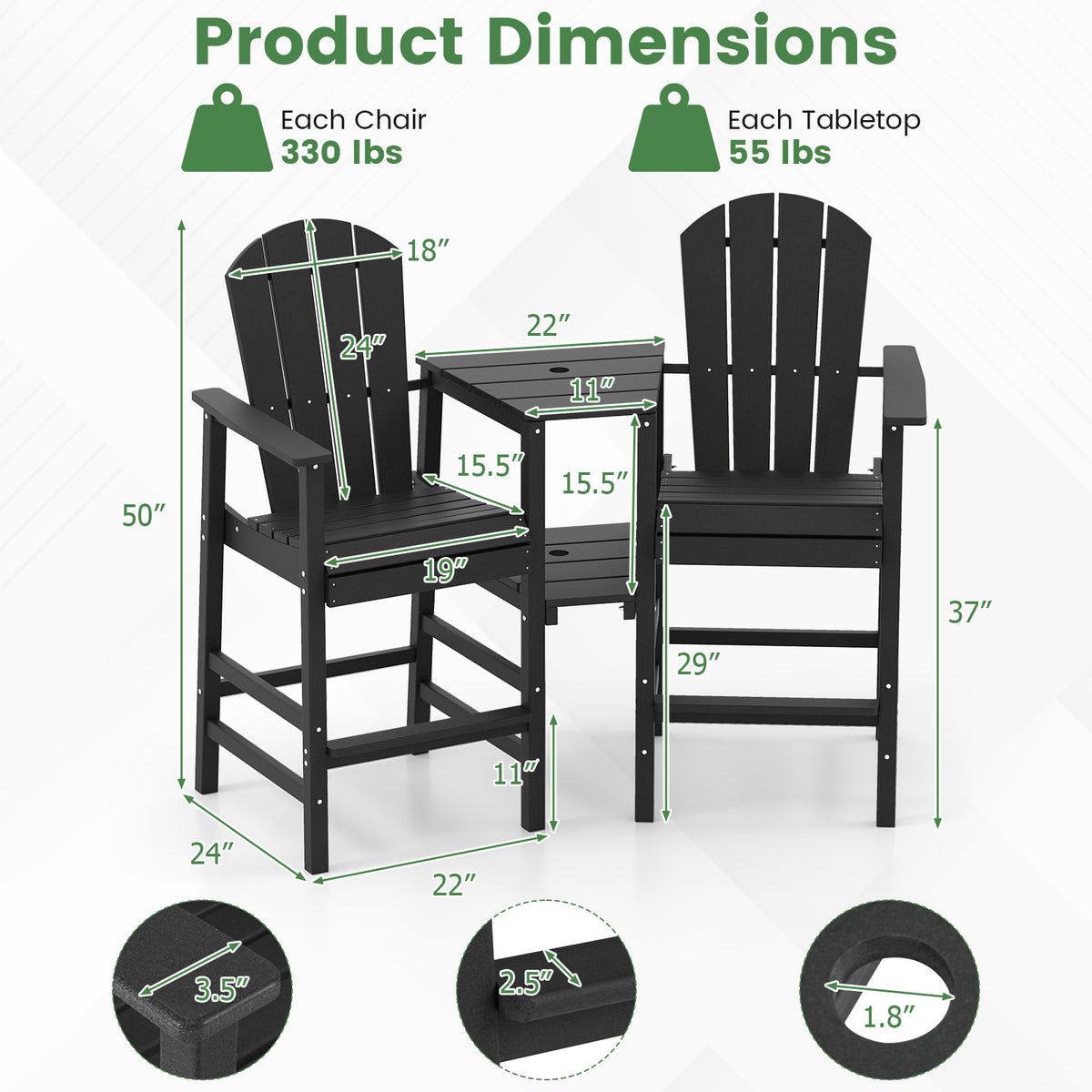 2-Seat Adirondack Chair All-Weather with Double Connecting Tray