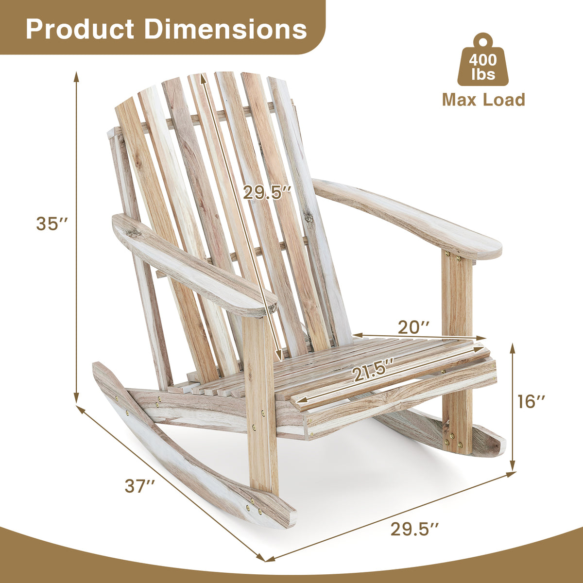 Adirondack Rocking Chair with Fanned Back - Style 3, Natural