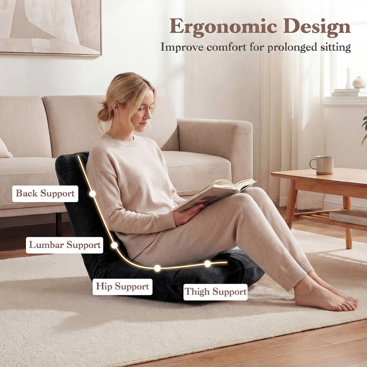 14-Position Adjustable Cushioned Floor Chair - Black