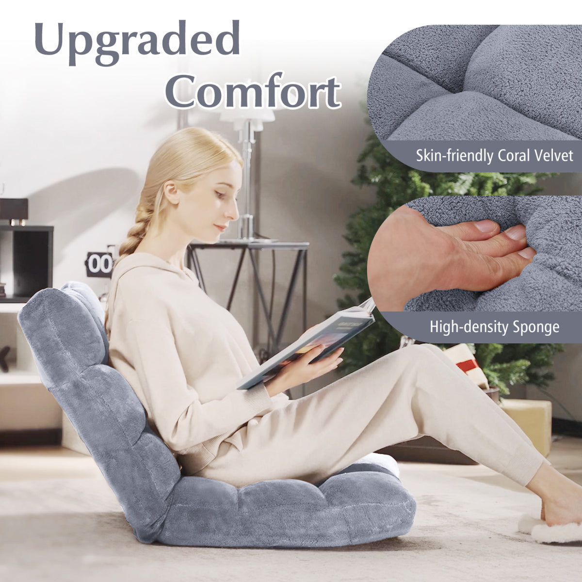 14-Position Adjustable Floor Chair, Gray - Soft Coral Velvet