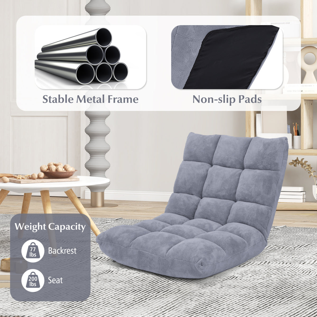 14-Position Adjustable Floor Chair, Gray - Soft Coral Velvet