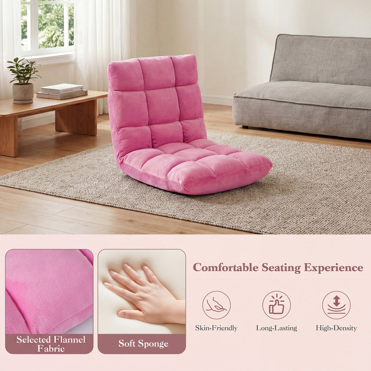 14-Position Adjustable Floor Chair - Pink Soft Coral Velvet