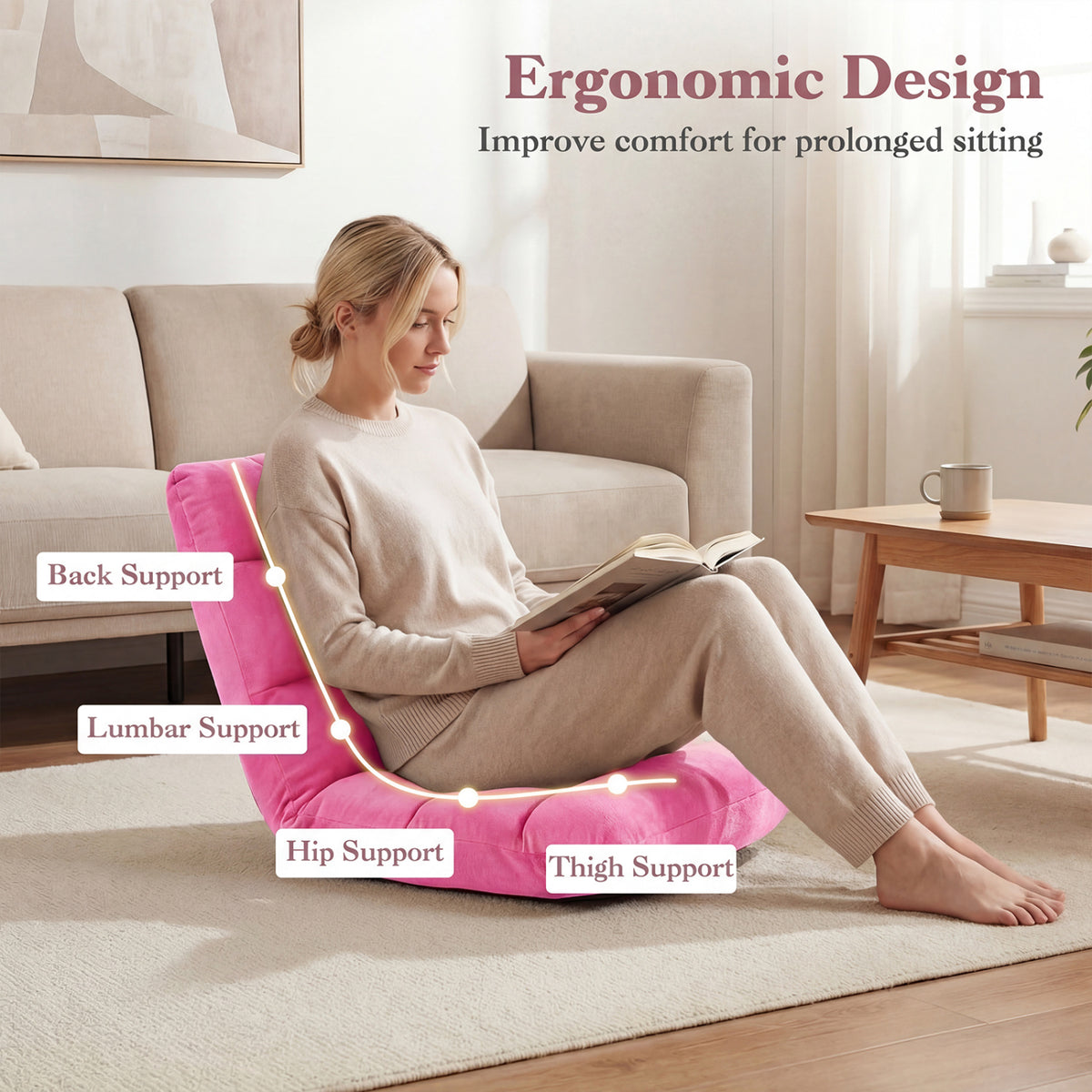 14-Position Adjustable Floor Chair - Pink Soft Coral Velvet