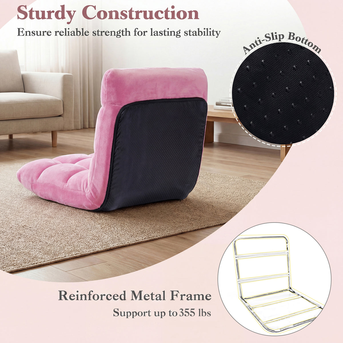 14-Position Adjustable Floor Chair - Pink Soft Coral Velvet