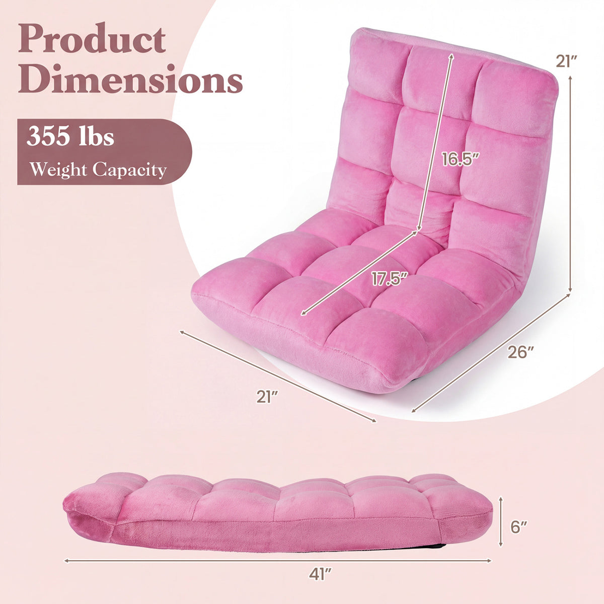 14-Position Adjustable Floor Chair - Pink Soft Coral Velvet