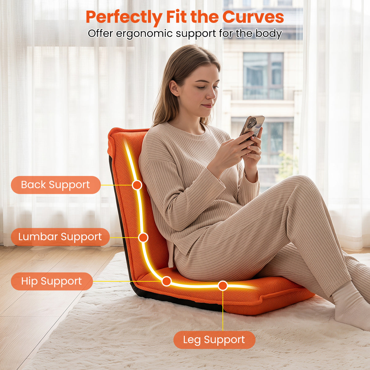 6-Position Folding Floor Chair with Padded Cushion, Orange