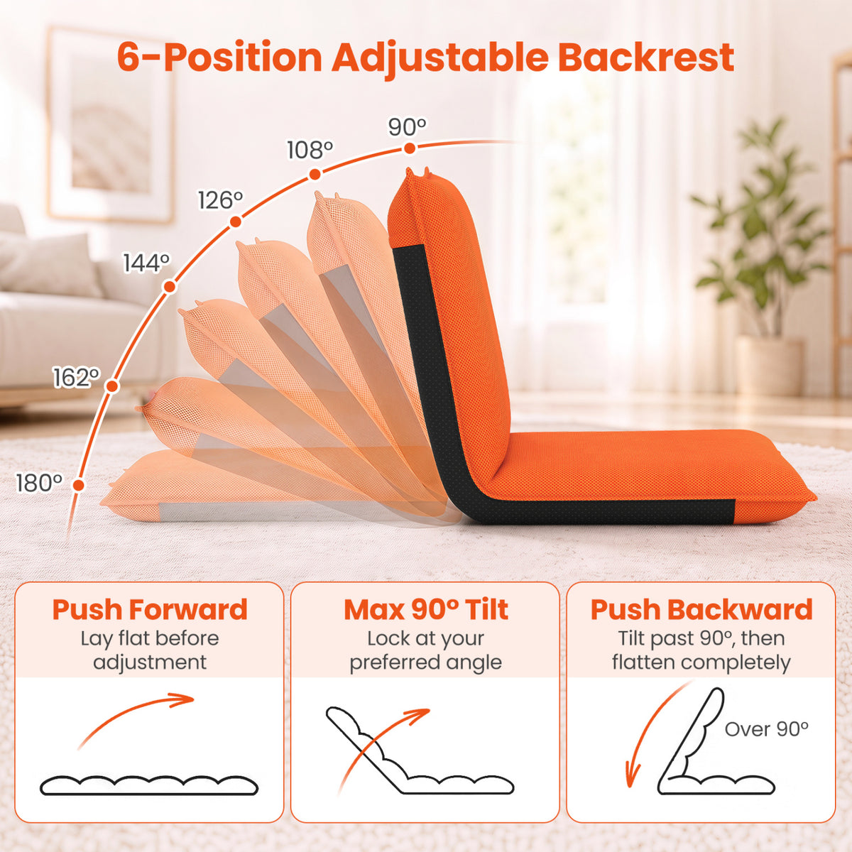6-Position Folding Floor Chair with Padded Cushion, Orange